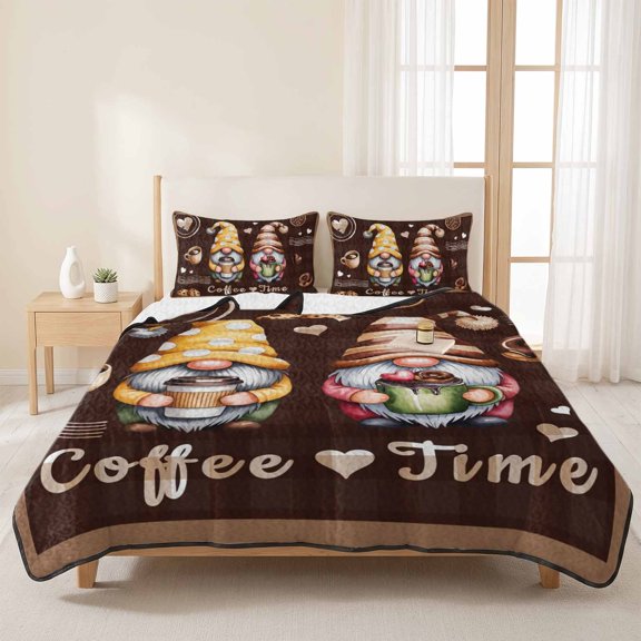 Coffee Time Gnomes 3 Pieces Quilt Set,1 Quilt with 2 Shams,Ququ Cookies Donut Dwarfs Bedspread Soft Lightweight Bedding Coverlet Comforter Set for All Season 96"x106"