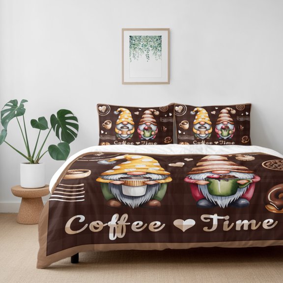 Coffee Time Gnomes California King Size Bed Set,Ququ Cookies Donut Dwarfs Bedding for All Seasons,4 Pcs Bed Set with 1 Quiltcover (96"x104"),1 Sheet (110"x98"),2 Pillowcases (20"x36")