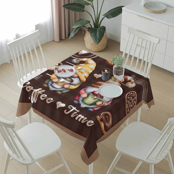 Coffee Time Gnomes Table Cloth 54x54in, Waterproof Square Tablecloth Wipeable Tablecloths Ququ Cookies Donut Dwarfs Table Covers for Dining Tables Party Indoor Outdoor