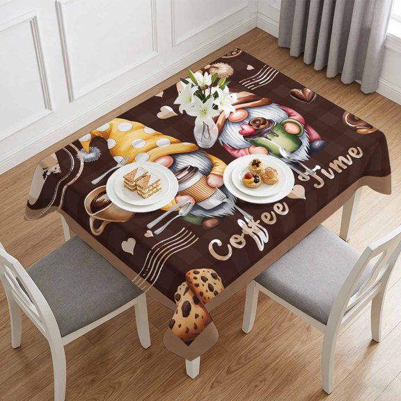 Coffee Time Gnomes Table Cloth 60x84in, Waterproof Rectangle Tablecloth Wipeable Tablecloths Ququ Cookies Donut Dwarfs Table Covers for Dining Tables Party Indoor Outdoor