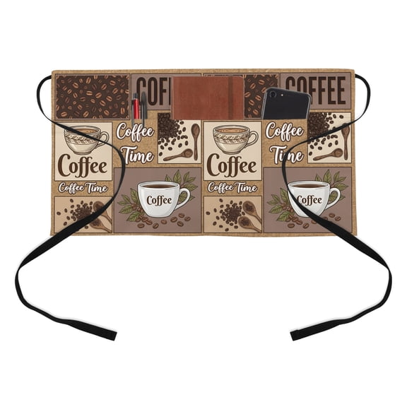 Coffee Time Half Waist Apron Retro Coffee Beans Brown Patchwork Short Waiter Aprons with 3 Pockets for Women Men Kitchen Restaurant Cooking
