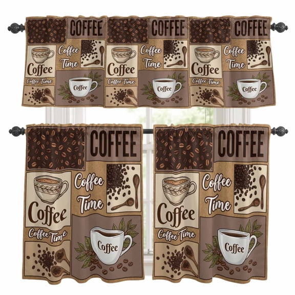 Coffee Time Kitchen Curtains Valances 3 Piece Set, Retro Coffee Beans Brown Patchwork Rod Pocket Tier Curtain and Valance Drapes for Small Window 24 Inch Length for Bedroom Cafe