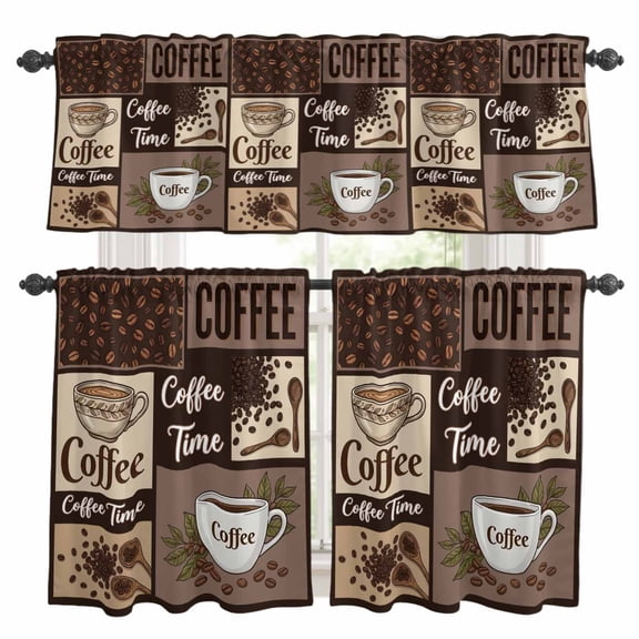 Coffee Time Kitchen Curtains Valances 3 Piece Set, Retro Coffee Beans Dark Brown Patchwork Rod Pocket Tier Curtain and Valance Drapes for Small Window 24 Inch Length for Bedroom Cafe