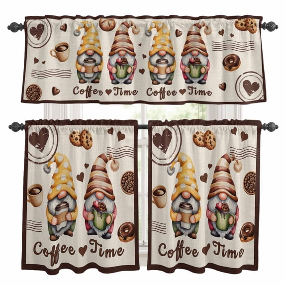 Coffee Time Kitchen Curtains Valances and Tiers Set of 3 Gnome Desserts Dwarfs Bean Beige Linen Texture Tier Curtains and Valance with Rod Pocket for Small Windows, 27.5"x24"