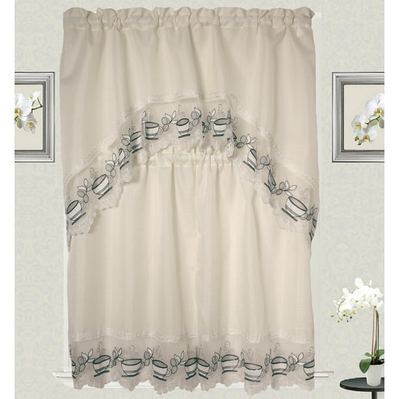Coffee Time Macrame Embroidery Design 3pc Curtain Set for Kitchen and Home window treatment Consist of 2 Bottom Tiers: 30"X36" each and top Swag: 60"X36"