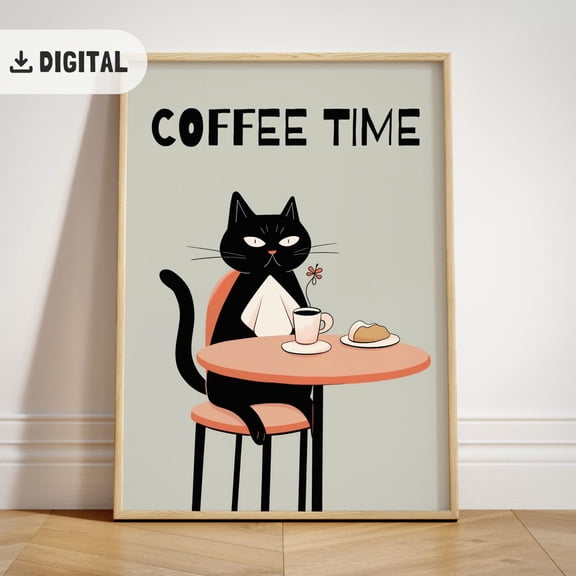 Coffee Time , Modern Coffee Art, Cat Illustration Wall Art, Trendy Kitchen Decor Quirky Cat, Catful , Morning Maximalist Unframed Paper Print