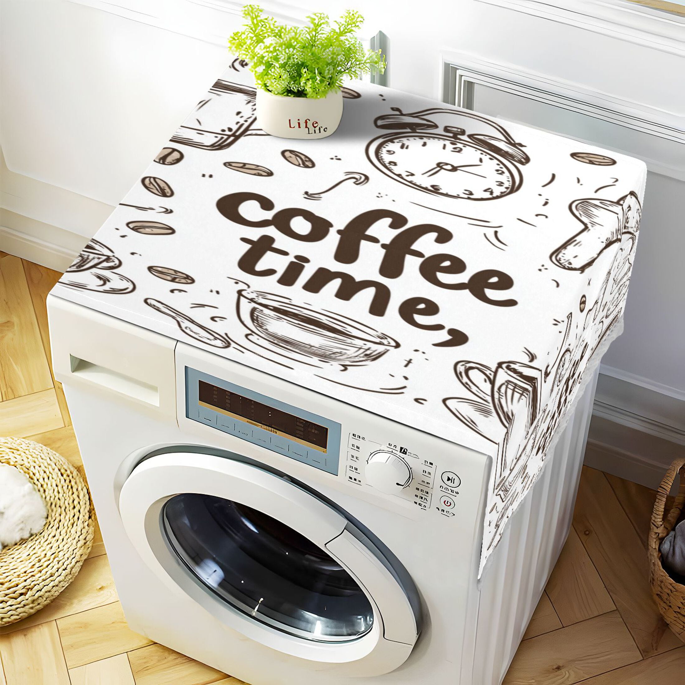 Coffee Time NowWasher and Dryer Covers Dust-Proof and Oil Resistant Fridge Cover with 4 Storage Pockets Washing Machine Top Cover for Laundry Kitchen Home 51.2 x 22 In