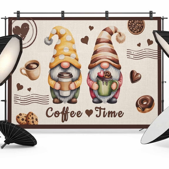 Coffee Time Photography Backdrop 7x5FT, Gnome Desserts Dwarfs Bean Beige Linen Texture Photo Backdrops, Background for Photography Studio Photo Studio Background, Back Drop for Photoshoot