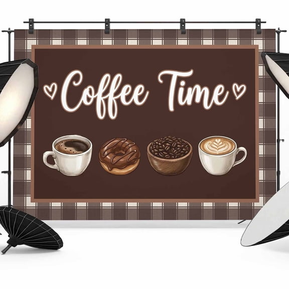 Coffee Time Photography Backdrop 7x5FT, Retro Brown Coffee Beans Cup Brown Plaid Photo Backdrops, Background for Photography Studio Photo Studio Background, Back Drop for Photoshoot