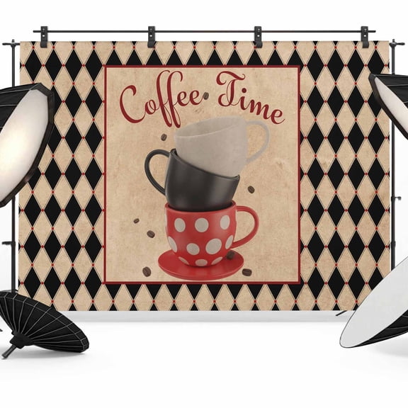 Coffee Time Photography Backdrop 7x5FT, Retro White Black Red Dots Coffee Cup Black Rhombus Plaid Photo Backdrops, Background for Photography Studio Photo Studio Background, Back Drop for Photoshoot