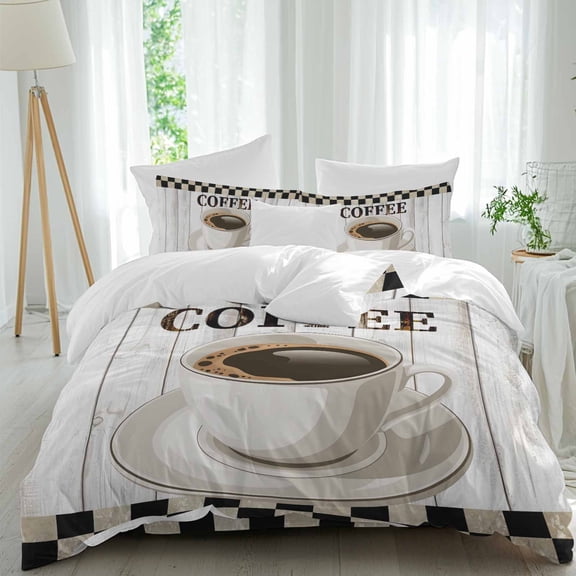 Coffee Time Queen Size Comforter Set, Vintage Hot Drink Brown Plaid Grey Wood Grain Bedding for All Seasons, 4 Pcs Bed Set, 1Quiltcover (90"x92") ,1Sheet(94"x116"), 2Pillowcases (30"x20")