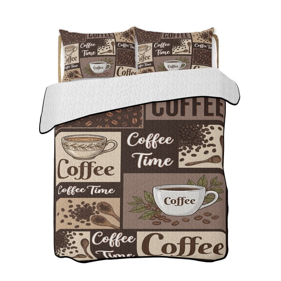 Coffee Time Quilts Bedding Set California King Retro Coffee Beans Dark Brown Patchwork Lightweight Quilted Bedspread 3 Piece Bed Quilt with 2 Pillow Shams All Season for Bedroom 96" x 106"