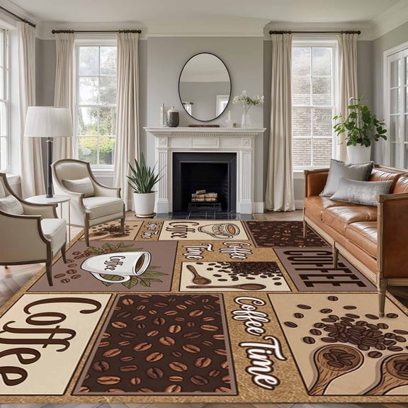 Coffee Time Retro Coffee Beans Brown Patchwork , Soft Non Slip Rugs Stain Repellent Indoor Felt Carpet for Living Dining Room Bedroom Home Office