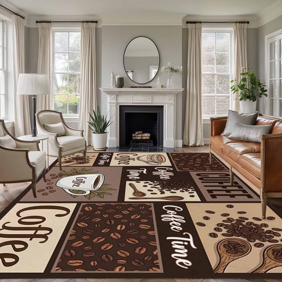 Coffee Time Retro Coffee Beans Dark Brown Patchwork , Soft Non Slip Rugs Stain Repellent Indoor Felt Carpet for Living Dining Room Bedroom Home Office