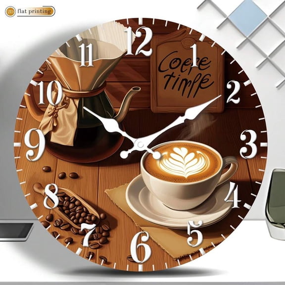 Coffee Time Round Wall Clock, Vintage Coffee Bar Silent Non-Ticking Clock, Rustic Kitchen Cafe Decor for Dining Room Coffee Station Home