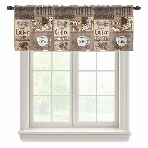 Coffee Time Sheer Valances for Windows, Retro Coffee Beans Brown Patchwork Semi Sheer Kitchen Valance Rod Pocket Small Voile Window Curtains for Living Room Bedroom 54 x 18 Inch