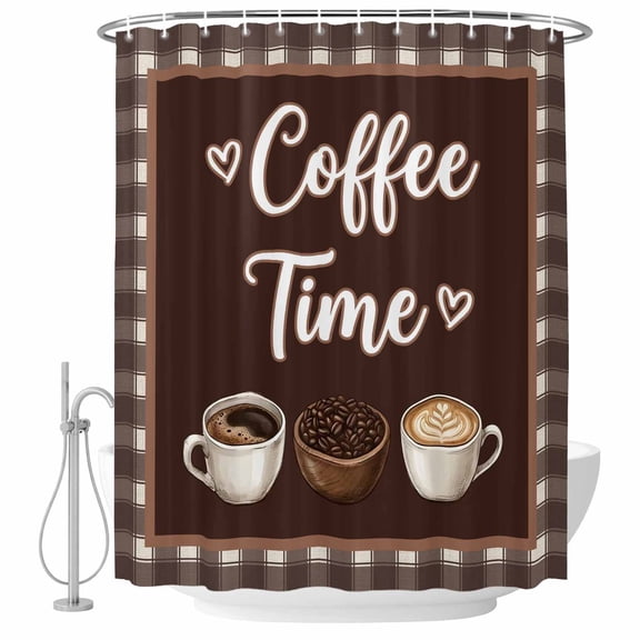 Coffee Time Shower Curtain Set with Hooks, Retro Brown Coffee Beans Cup Brown Plaid Water Repellent Shower Curtains for Bathroom Decor Sturdy Shower Curtain, Machine Washable 36x78 Inch