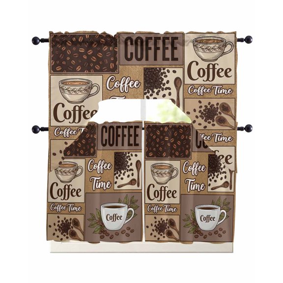 Coffee Time Swag Valance for Window, 3 Piece Retro Coffee Beans Brown Patchwork Light Filtering Swag Curtain Rod Pocket Kitchen Curtain Valance for Bedroom 3 Piece