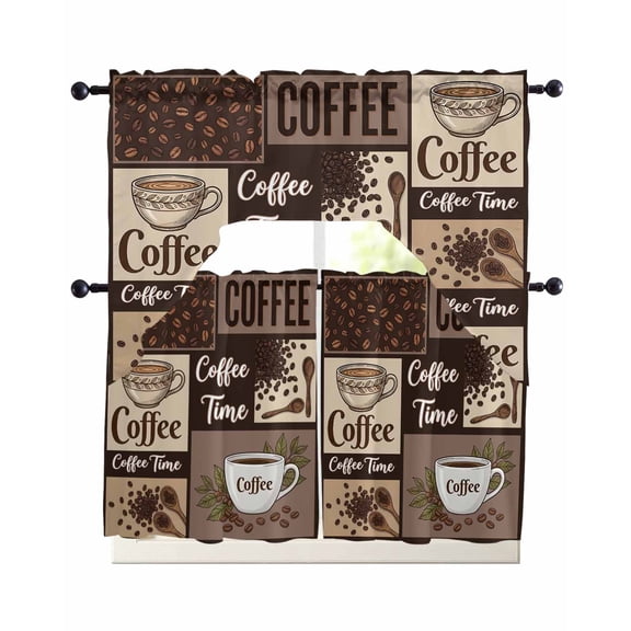 Coffee Time Swag Valance for Window, 3 Piece Retro Coffee Beans Dark Brown Patchwork Light Filtering Swag Curtain Rod Pocket Kitchen Curtain Valance for Bedroom 3 Piece