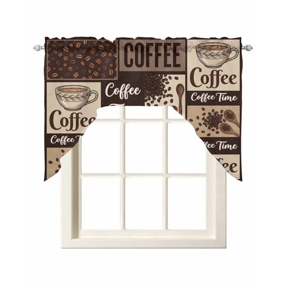 Coffee Time Swag Valance for Window, Retro Coffee Beans Dark Brown Patchwork Light Filtering Swag Curtain Rod Pocket Kitchen Curtain Valance for Bedroom