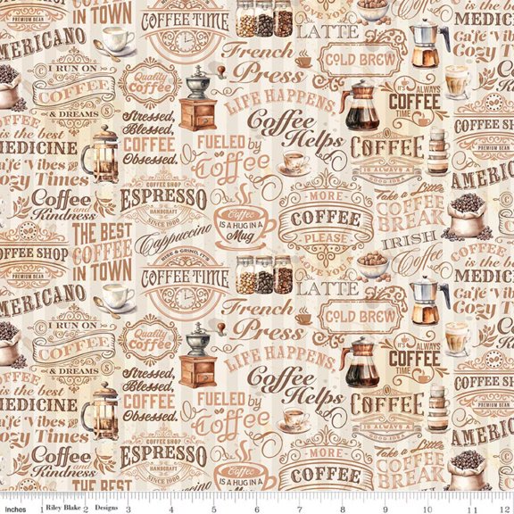 Coffee Time Text Cream Cotton Fabric