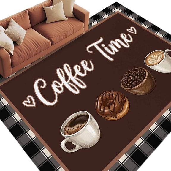 Coffee Time Washable Living Room Rugs 9'x12', Retro Brown Coffee Beans Cup Black Plaid Low Pile Throw Large Area Rug Non-Slip Sturdy Edge Binding Carpet for Bedroom Dining Room Office