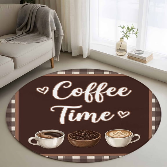 Coffee Time Washable Round Area Rug 3 ft, Retro Brown Coffee Beans Cup Brown Plaid , Soft Non Slip Rugs Stain Repellent Indoor Felt Carpet for Living Dining Room Bedroom Home Office