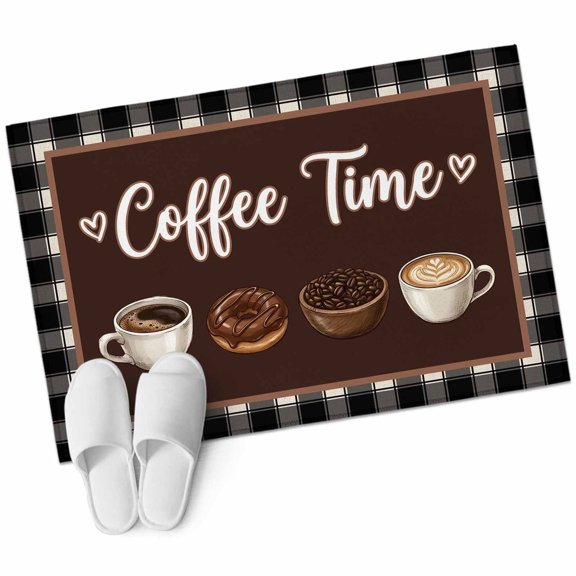 Coffee Time Washable Small Entryway Area Rugs 2'x3', Retro Brown Coffee Beans Cup Black Plaid Low Pile Throw Rug Non-Slip Sturdy Edge Binding Carpet for Front Door Floor Room Entry