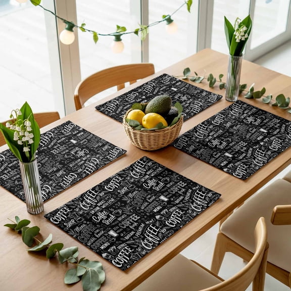 Coffee Time White Quote on Black Placemats Set of 4,Wipeable Washable Table Mats for Dining Tables, Milk Tea Cup Cocoa Bean Place Mats for Kitchen Event Party Tabletop Decor