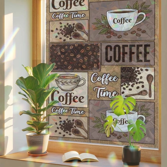 Coffee Time Window Privacy Film, Retro Coffee Beans Brown Patchwork Stained Glass Rainbow Film Decorative Window Clings, Static Cling Sun Blocking Stickers 23.6" x 59"