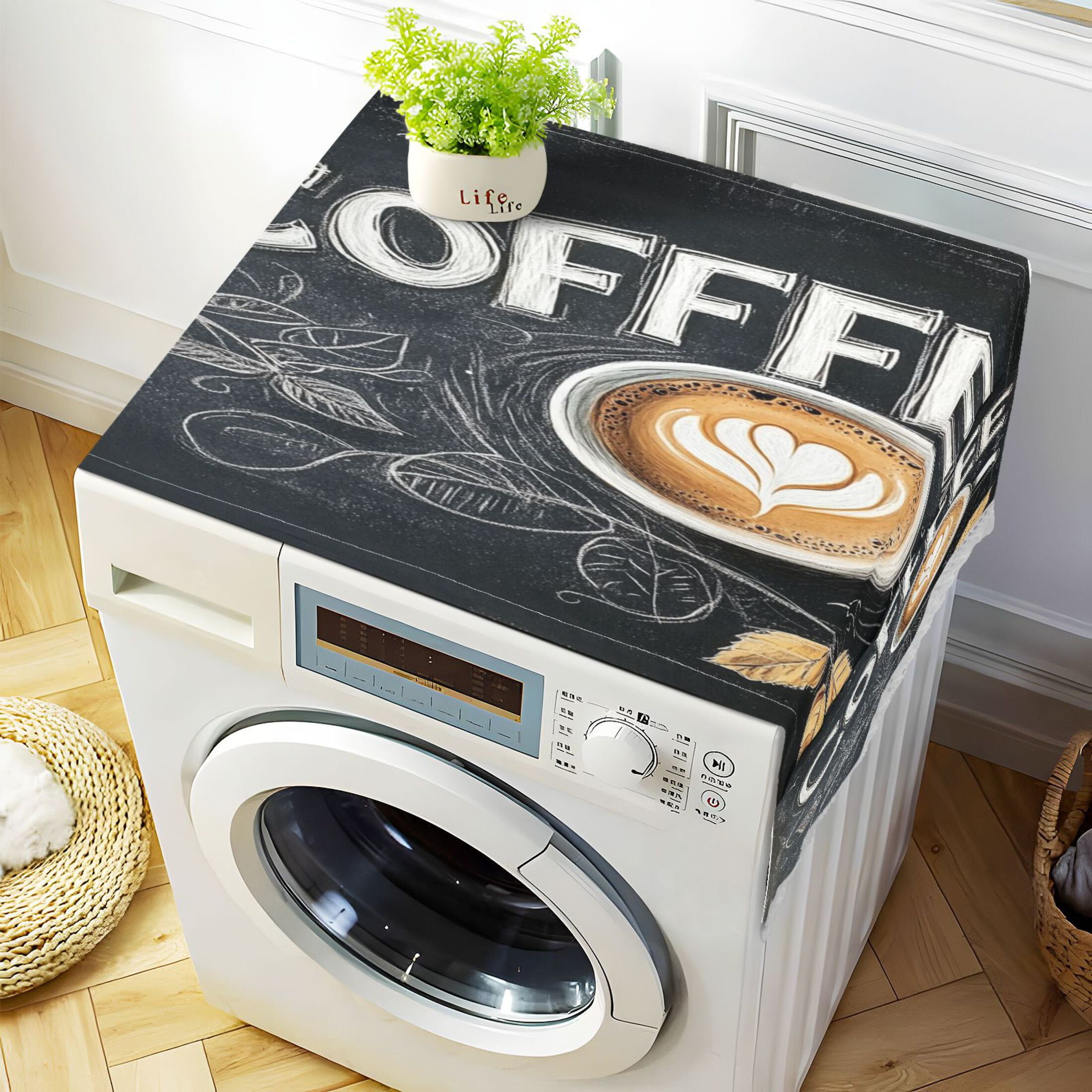 Coffee TimeWasher and Dryer Covers Dust-Proof and Oil Resistant Fridge Cover with 4 Storage Pockets Washing Machine Top Cover for Laundry Kitchen Home 51.2 x 22 In