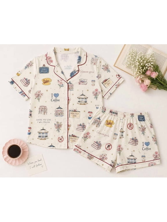Coffee Town Pajama Set for Women, Cozy Coffee Lover Bookish Sleepwear, Small Town Lounge Set Gift
