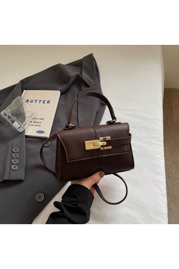 Coffee Trapezoid Mini Shoulder Bag With Gold-Tone Lock Clasp And Top Handle