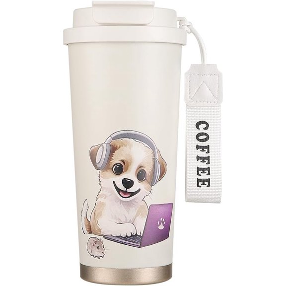 Coffee Travel Mug with Straw & Flip Lid, 16oz Insulated Tumbler Cup with Ceramic Coating, Double Wall Vacuum Leak-Proof Mug for Office School Party Camping