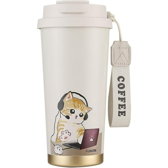 Coffee Travel Mug with Straw & Flip Lid, 16oz Insulated Tumbler Cup with Ceramic Coating, Double Wall Vacuum Leak-Proof Mug for Office School Party Camping