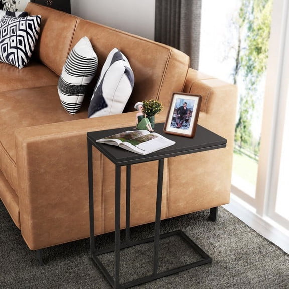 C-Shaped Sofa Side End Table, Coffee Tray Accent Table with MDF Top and Powder-Coated Steel Frame, Slide-Under Couch Snack Table for Living Room Bedroom Office Dorm Small Space, Dark Finish
