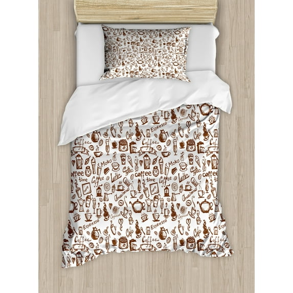 Coffee Twin Size Duvet Cover Set, Cool Drink Coffee Time Americano Mocha Espresso Heart Banner Cakes Cups Monochrome, Decorative 2 Piece Bedding Set with 1 Pillow Sham, Brown White, by Ambesonne
