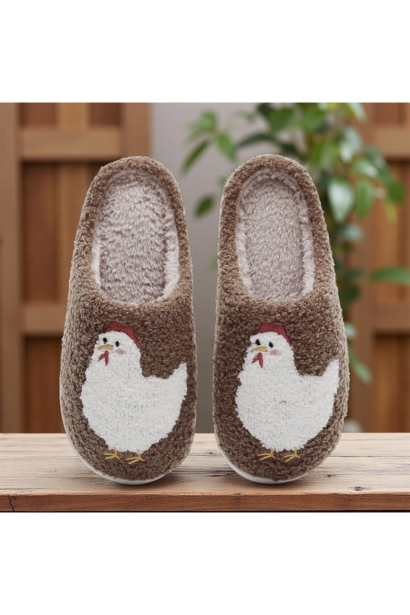 Coffee Unisex Chick Print Slippers Fleece Lined Warm Soft Knit Upper Non Slip Sole Couple Set Cozy Light Indoor Home House Shoes Size 36