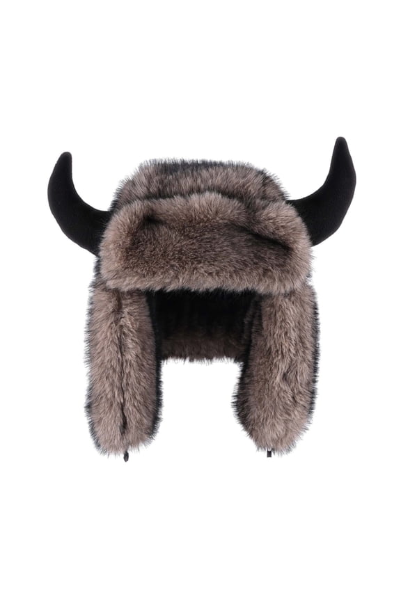 Coffee Unisex Faux Fur Trapper Hat With Horn Design Buckle Ear Protection Winter Warm Coffee One Size