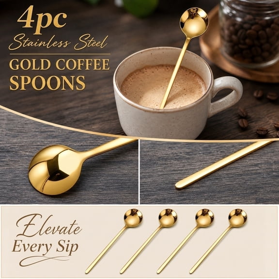 Coffee Utensil Set, 4Pcs Gold Coffee Spoons, Stainless Steel Long Spoons for Stirring, Iced Tea Spoons Long Handle, 7 X 1 Inch Polished Gold Stirring Spoons, Reusable -Safe
