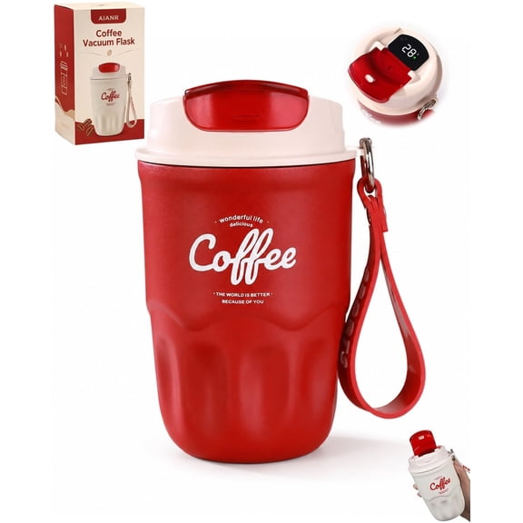 Coffee Vacuum Flask 12oz Portable Cup with Lid Handle 316 Stainless Steel Liner Insulated Water Bottle Hot Cold Drinkware Travel Mug Home Office Outdoor Camping Daily Use(Red,Digital display)