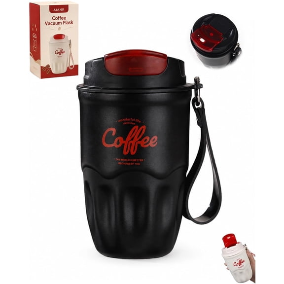 Coffee Vacuum Flask 12oz Portable Cup with Lid Handle 316 Stainless Steel Liner Insulated Water Bottle Hot Cold Drinkware Travel Mug Home Office Outdoor Camping Daily Use(Black,Standard)