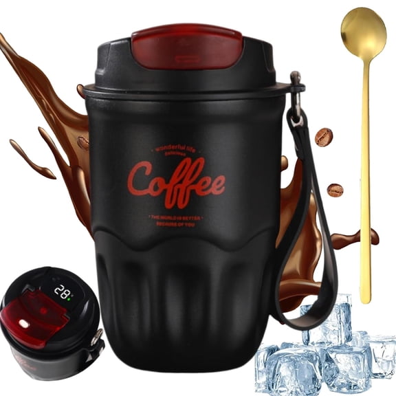 Coffee Vacuum Flask, 12oz Portable Smart LED Temperature Display Coffee Cup with Lid and Handle Strap, 316 Stainless Steel, Leak-proof, Keep Hot and Cold, for Home, Office