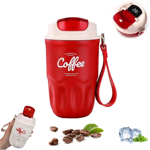 Coffee Vacuum Flask, 12oz Portable Stainless Steel Insulated Travel Mug, Smart LED Temperature Display, Stainless Steel Insulated Mug with Lid & Handle, 316 Stainless Wall Coffee Mug (Red)