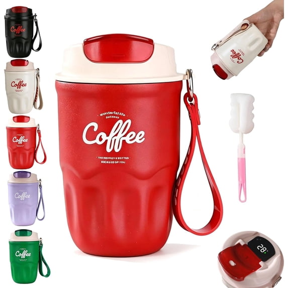 Coffee Vacuum Flask – Portable Stainless Steel Insulated Travel Mug, 12oz Temperature Display Mug, Stainless Steel Insulated Water Bottle With Lid And Handle Strap, Water Bottle Leak (Red)