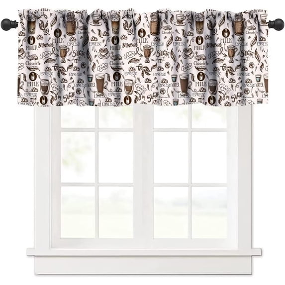 Coffee Valance Curtain, Various Cups of Coffee Silhouette Theme Windows Curtain Valance for Kitchen Dining Room Cafe Shop Canteens Decor, One Panel 54x18in