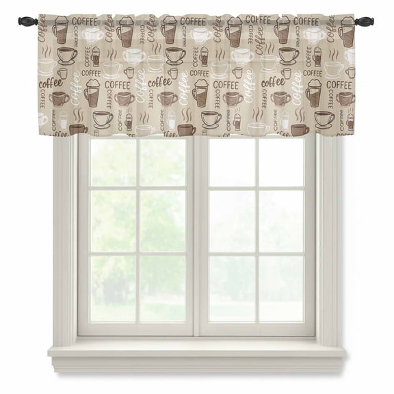 Coffee Valance Curtains for Kitchen/Living Room/Bathroom/Bedroom Window, Rod Pocket Small Topper Half Short Window Curtains Voile Sheer Scarf, Beige Farmhouse Retro Beans Latte Tea Cup Funny 42"x12"