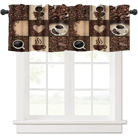 Coffee Valance Curtains Vintage Farmhouse Brown Cafe Beans Coffee Cups Rod Pocket Curtain Valance for Kitchen Bedroom Living Room Decor 1 Panel W54xL18 Inch