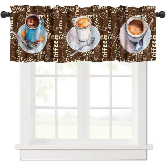 Coffee Valance Curtains Vintage Watercolor Illustration Hearts Mugs Words Doodles Window Treatments for Bedroom Kitchen Living Room Office 54x18inch