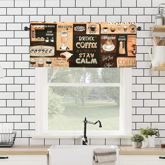 Coffee Valances 54" W x 18" L - Coffee Kitchen Curtains Valance for Windows Rod Pocket Kitchen Decor Decorations
